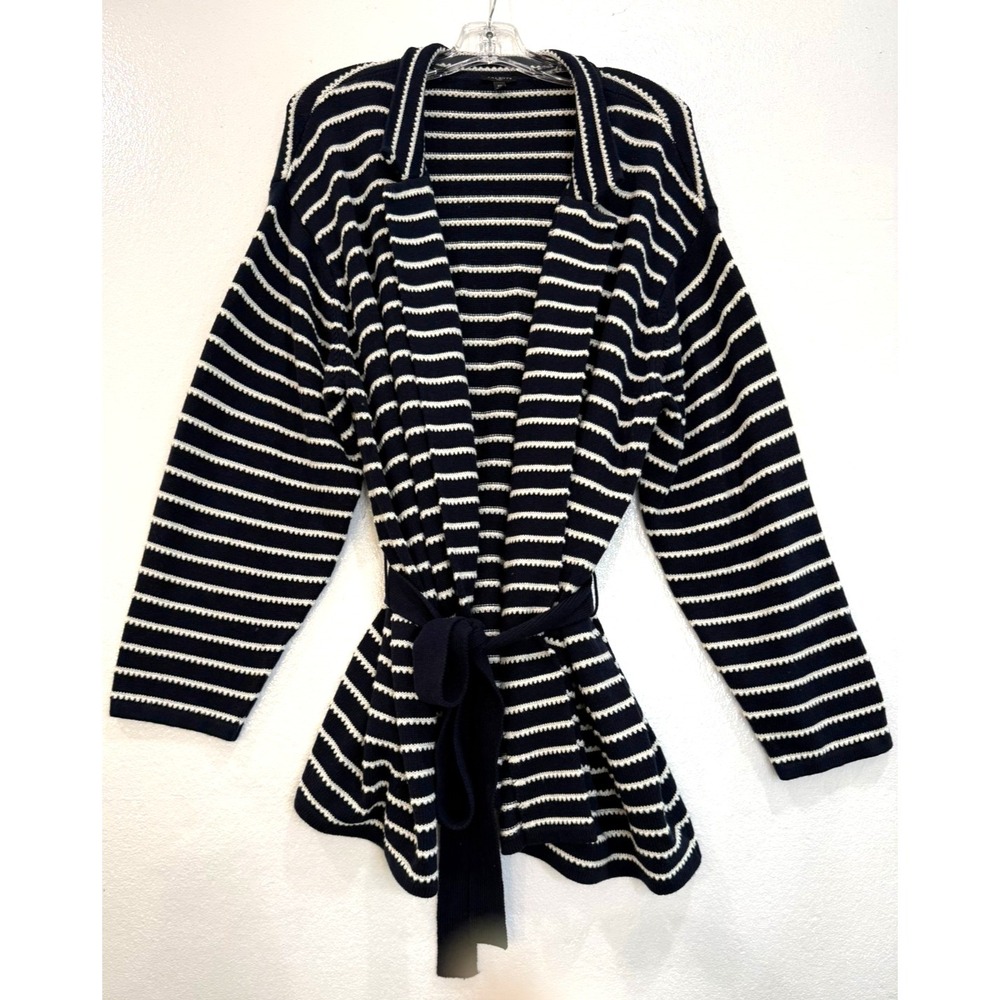 Talbots Plus‎ Sz 3X Navy White Stripe Open Belted Front Pockets Cardigan Sweater